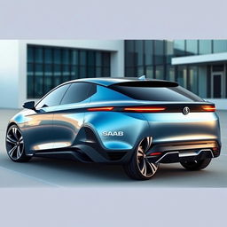 A modern concept car designed by SAAB, showcasing a sleek and aerodynamic rear view