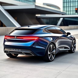 A modern concept car designed by SAAB, showcasing a sleek and aerodynamic rear view