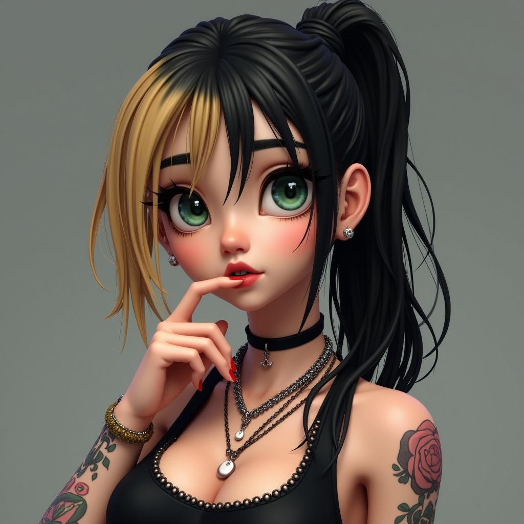 An American girl with black and blonde hair, wearing a nose ring, dark green eyes, and tattooed arms