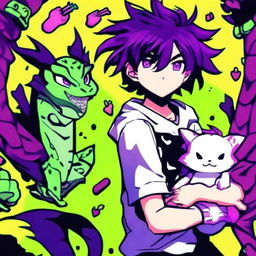 A captivating profile picture of an anime-style gamer boy with vibrant purple hair. He's accompanied by his pet viper, showcasing a dynamic energy within an immersive anime gaming environment.