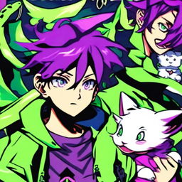 A captivating profile picture of an anime-style gamer boy with vibrant purple hair. He's accompanied by his pet viper, showcasing a dynamic energy within an immersive anime gaming environment.