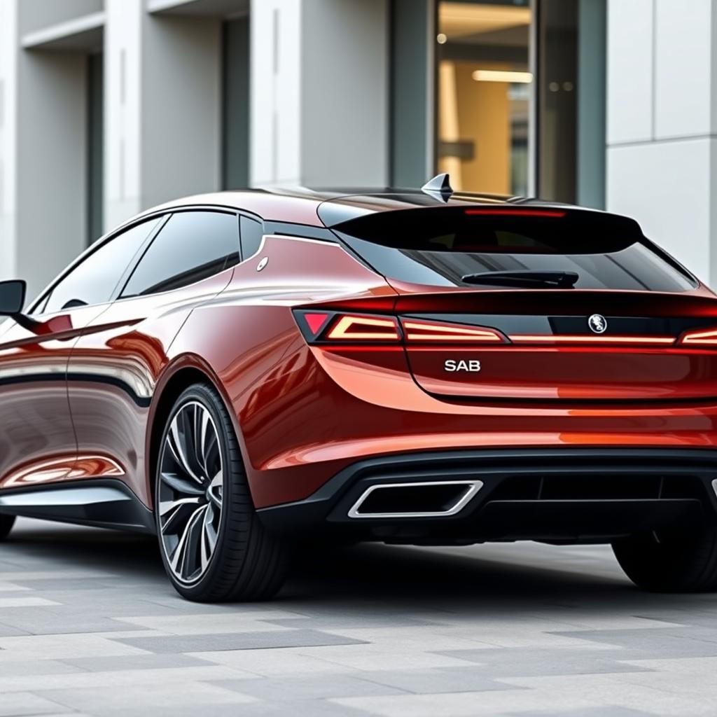 A stunning rear view of a sleek and modern concept car inspired by Saab's design philosophy