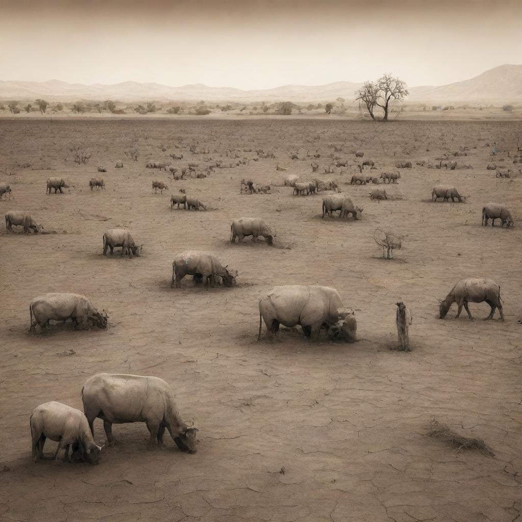 A poignant illustration of humans surviving in a drought-stricken world, where they are dealing with hunger and thirst due to lack of food and water