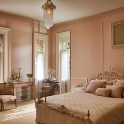 A traditional, classic bedroom with tasteful furniture, pastel coloured walls and warm, soft lighting illuminating antique accents.