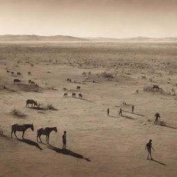 A poignant illustration of humans surviving in a drought-stricken world, where they are dealing with hunger and thirst due to lack of food and water