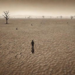 A poignant illustration of humans surviving in a drought-stricken world, where they are dealing with hunger and thirst due to lack of food and water