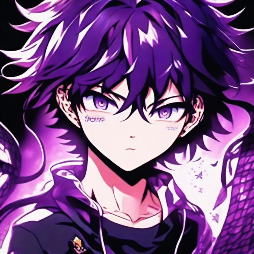 A stunning profile image of a purple-haired anime gamer boy, his hair and eyes glowing with an intense purple light. His pet viper slithers around him, visually echoing the same violet vibrancy, all encased within a mesmerizing anime universe.