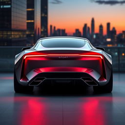 A striking rear view of a modern concept car designed by GMB, showcasing its sleek and aerodynamic rear design