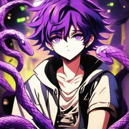 A stunning profile image of a purple-haired anime gamer boy, his hair and eyes glowing with an intense purple light. His pet viper slithers around him, visually echoing the same violet vibrancy, all encased within a mesmerizing anime universe.