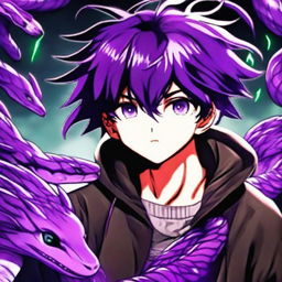 A stunning profile image of a purple-haired anime gamer boy, his hair and eyes glowing with an intense purple light. His pet viper slithers around him, visually echoing the same violet vibrancy, all encased within a mesmerizing anime universe.