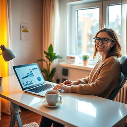 A cozy home office scene featuring a stylish and contemporary workspace