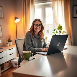 A cozy home office scene featuring a stylish and contemporary workspace