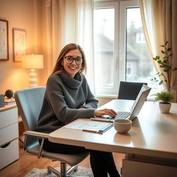 A cozy home office scene featuring a stylish and contemporary workspace