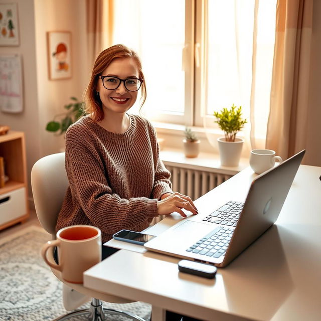 A cozy home office scene featuring a stylish and contemporary workspace