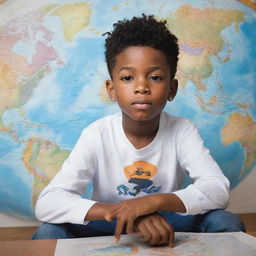 A young boy visualized as a multi-talented individual, being an artist, musician, athlete, and entrepreneur, journeying around the globe.