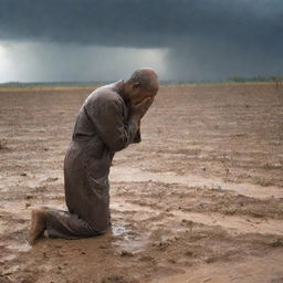 An uplifting scene of a person praying, carrying hope in the midst of despair, followed by a sudden downpour rejuvenating the drought-stricken land, inducing joy among the people