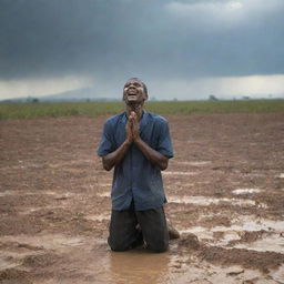 An uplifting scene of a person praying, carrying hope in the midst of despair, followed by a sudden downpour rejuvenating the drought-stricken land, inducing joy among the people