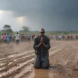 An uplifting scene of a person praying, carrying hope in the midst of despair, followed by a sudden downpour rejuvenating the drought-stricken land, inducing joy among the people