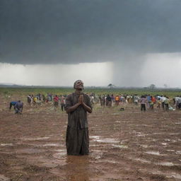 An uplifting scene of a person praying, carrying hope in the midst of despair, followed by a sudden downpour rejuvenating the drought-stricken land, inducing joy among the people