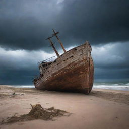 A broken, abandoned ship beached on a sandy coastline under a dark, stormy sky.