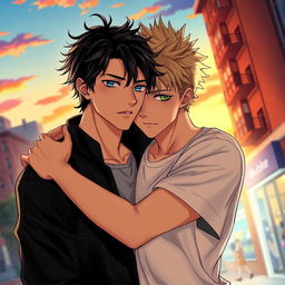 A captivating and romantic scene from a yaoi graphic novel, featuring two handsome young men locked in a tender embrace