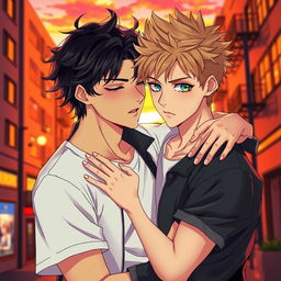 A captivating and romantic scene from a yaoi graphic novel, featuring two handsome young men locked in a tender embrace