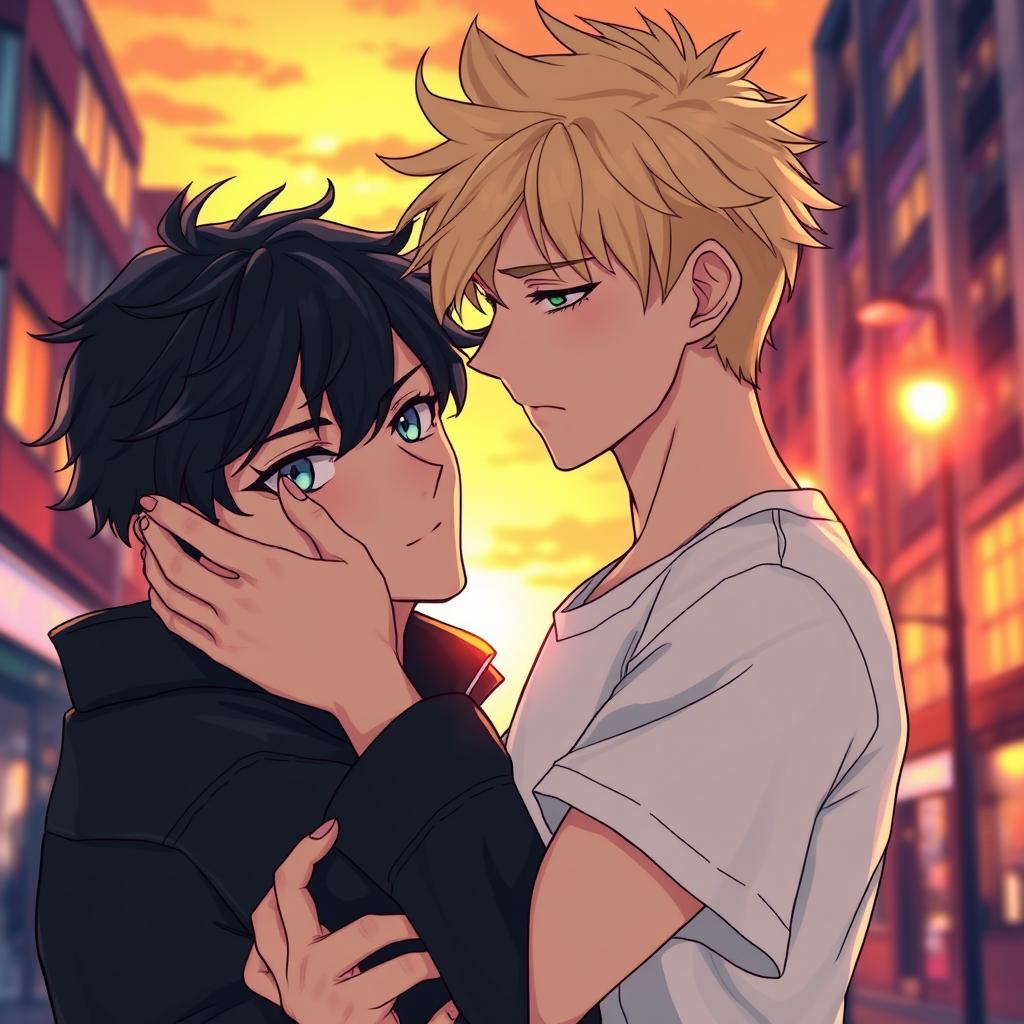 A captivating and romantic scene from a yaoi graphic novel, featuring two handsome young men locked in a tender embrace