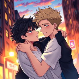 A captivating and romantic scene from a yaoi graphic novel, featuring two handsome young men locked in a tender embrace