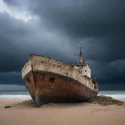 A broken, abandoned ship beached on a sandy coastline under a dark, stormy sky.