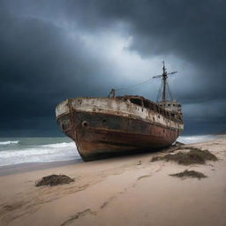 A broken, abandoned ship beached on a sandy coastline under a dark, stormy sky.