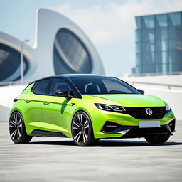 A sleek and innovative concept design of a modern SAAB hatchback, showcasing a compact and stylish exterior with sharp edges and a sporty profile