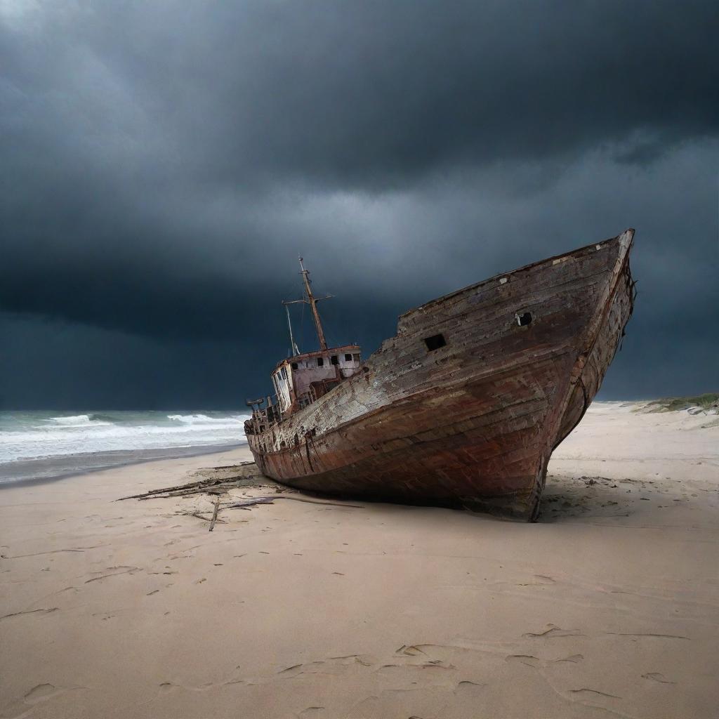 A broken, abandoned ship beached on a sandy coastline under a dark, stormy sky.