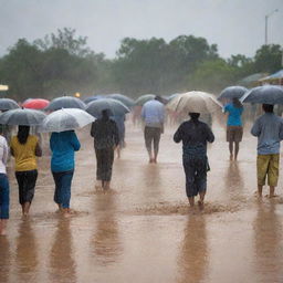 A detailed perspective illustrating the moment when intense rain showers begin to pour down, marking the end of a long drought, with the ground soaking up water and people celebrating