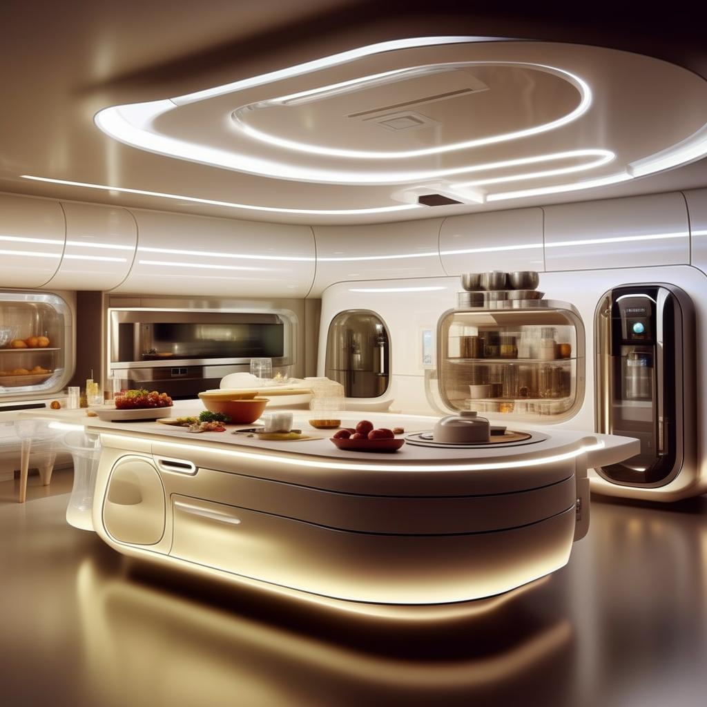 Generate an innovative and unique kitchen design never seen before, filled with futuristic appliances, an unconventional layout, and cutting-edge aesthetics.