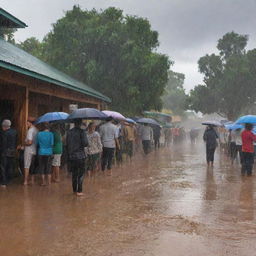 A detailed perspective illustrating the moment when intense rain showers begin to pour down, marking the end of a long drought, with the ground soaking up water and people celebrating