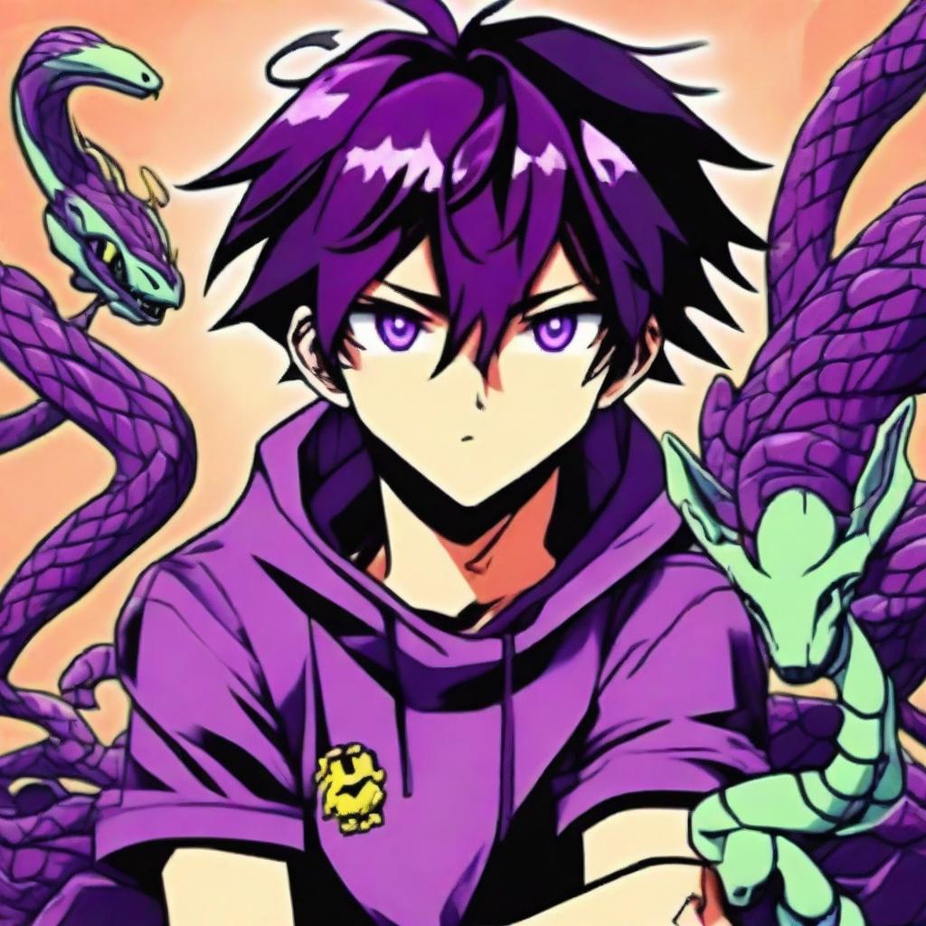 A bold profile picture of a serious-looking anime gamer boy with radiant purple hair. Exuding a strong, focused aura, he is perfectly complemented by his vibrant pet viper. Both immerse into a rich hue of purple in this intense anime gaming universe.