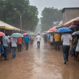 A detailed perspective illustrating the moment when intense rain showers begin to pour down, marking the end of a long drought, with the ground soaking up water and people celebrating