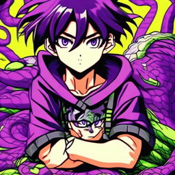 A bold profile picture of a serious-looking anime gamer boy with radiant purple hair. Exuding a strong, focused aura, he is perfectly complemented by his vibrant pet viper. Both immerse into a rich hue of purple in this intense anime gaming universe.