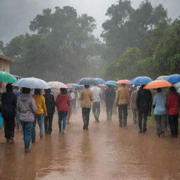 A detailed perspective illustrating the moment when intense rain showers begin to pour down, marking the end of a long drought, with the ground soaking up water and people celebrating