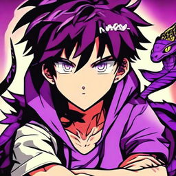 A bold profile picture of a serious-looking anime gamer boy with radiant purple hair. Exuding a strong, focused aura, he is perfectly complemented by his vibrant pet viper. Both immerse into a rich hue of purple in this intense anime gaming universe.