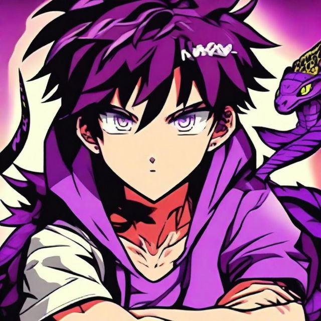 A bold profile picture of a serious-looking anime gamer boy with radiant purple hair. Exuding a strong, focused aura, he is perfectly complemented by his vibrant pet viper. Both immerse into a rich hue of purple in this intense anime gaming universe.