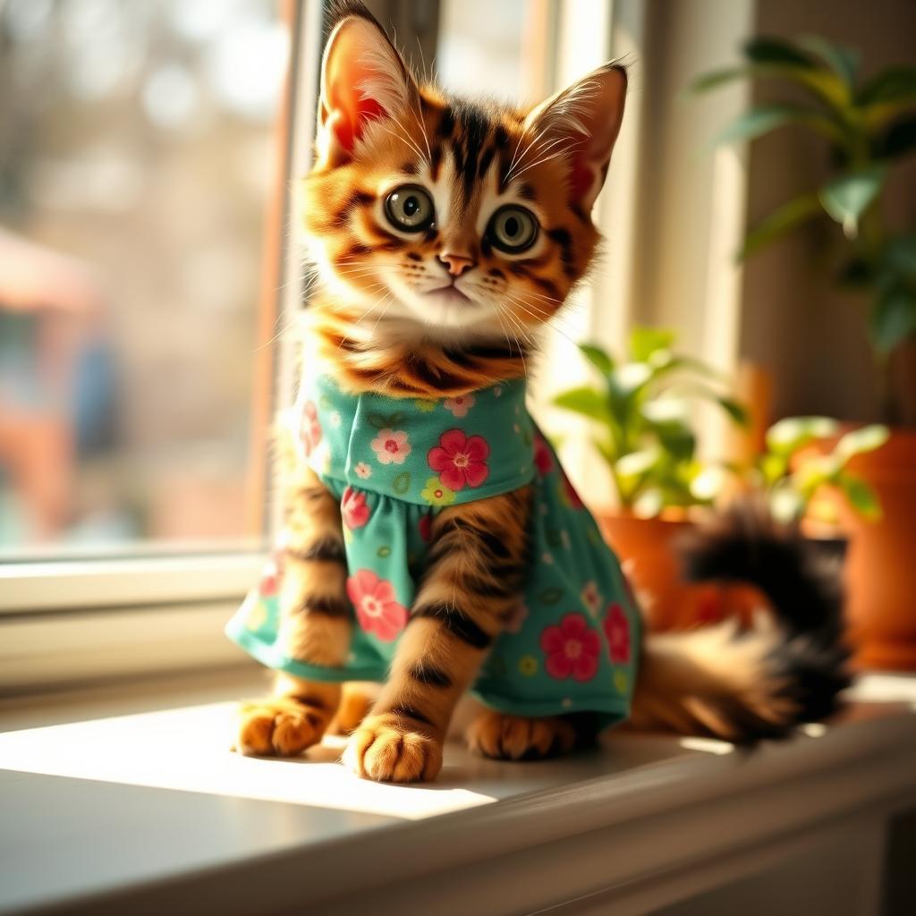 A cute cat wearing a colorful dress adorned with floral patterns, sitting gracefully on a sunny windowsill