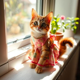 A cute cat wearing a colorful dress adorned with floral patterns, sitting gracefully on a sunny windowsill