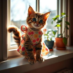 A cute cat wearing a colorful dress adorned with floral patterns, sitting gracefully on a sunny windowsill