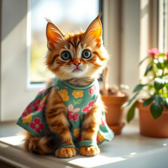 A cute cat wearing a colorful dress adorned with floral patterns, sitting gracefully on a sunny windowsill