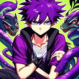 A bold profile picture of a serious-looking anime gamer boy with radiant purple hair. Exuding a strong, focused aura, he is perfectly complemented by his vibrant pet viper. Both immerse into a rich hue of purple in this intense anime gaming universe.