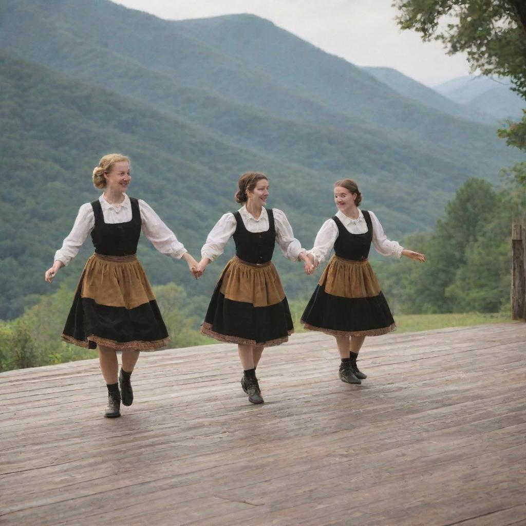 A group of clog dancers in traditional Appalachian attire, performing their rapid foot-tapping steps on a rustic wooden stage, framed by the serene landscape of the Appalachians in the background.