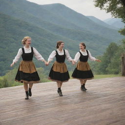 A group of clog dancers in traditional Appalachian attire, performing their rapid foot-tapping steps on a rustic wooden stage, framed by the serene landscape of the Appalachians in the background.