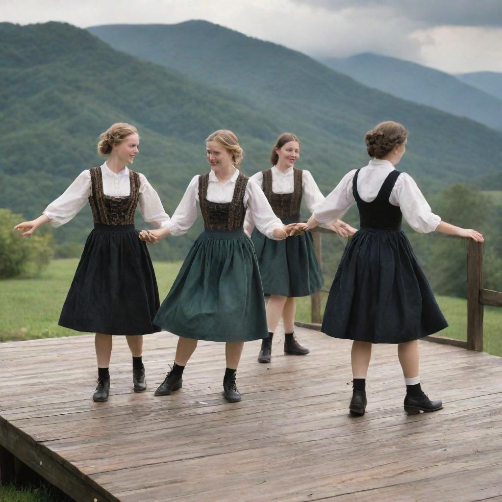 A group of clog dancers in traditional Appalachian attire, performing their rapid foot-tapping steps on a rustic wooden stage, framed by the serene landscape of the Appalachians in the background.