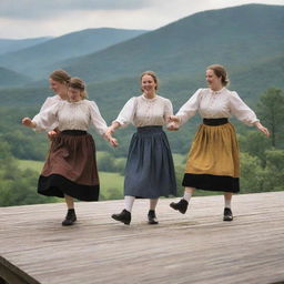 A group of clog dancers in traditional Appalachian attire, performing their rapid foot-tapping steps on a rustic wooden stage, framed by the serene landscape of the Appalachians in the background.